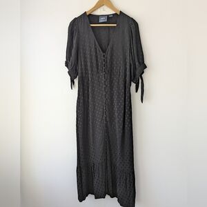 Maeve Anthropologie Black Button-Front Midi Dress with Tie Sleeves